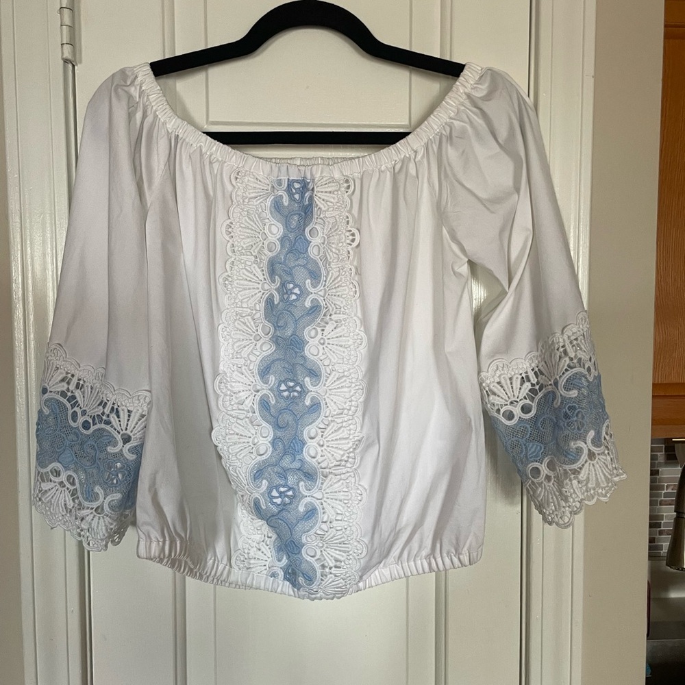 Express White and Blue Ruffled 3/4 Sleeve Blouse